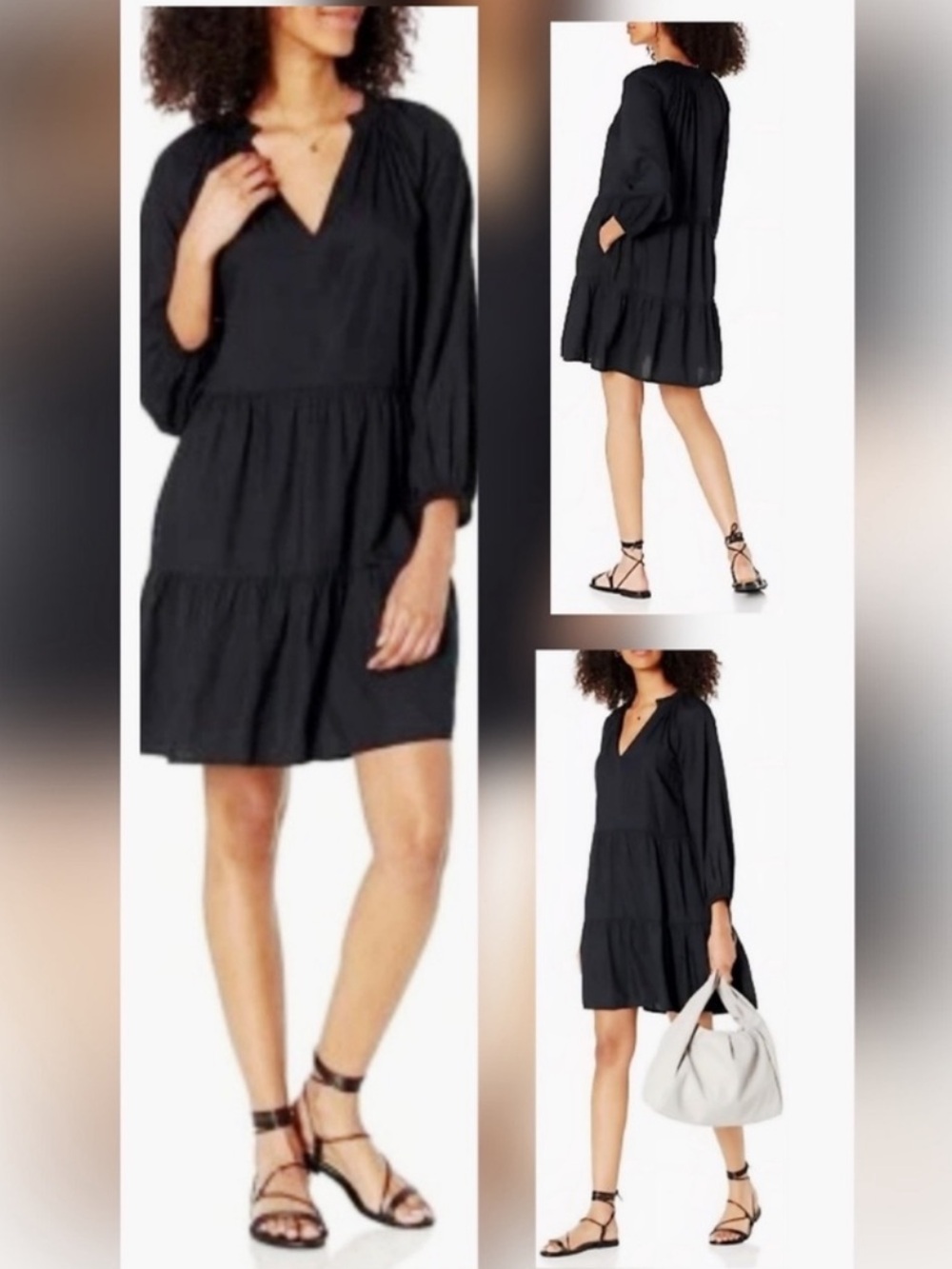 The Drop @CaralynMirand Ruffle V-Neck 3/4 Sleeve Tiered Midi Dress, Black, Sz S